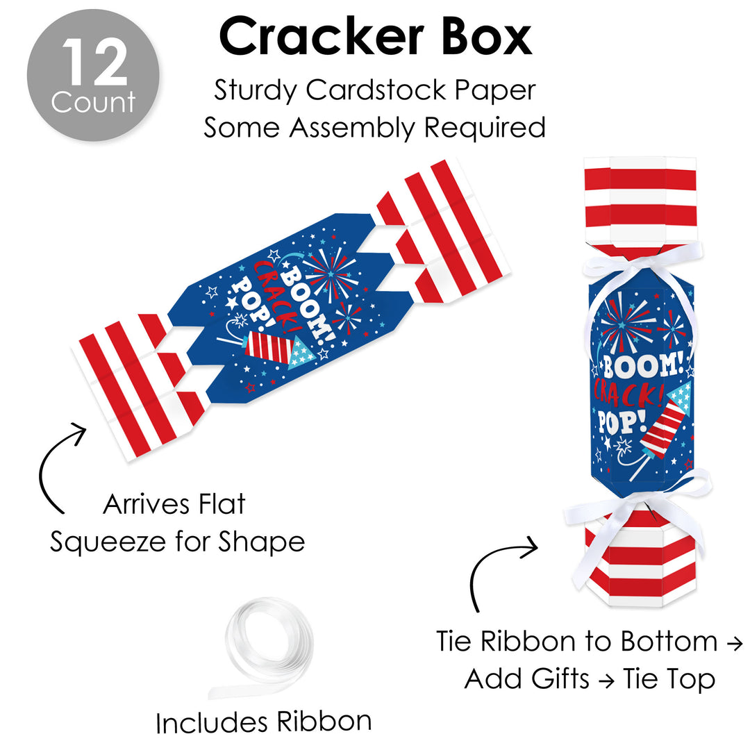 Firecracker 4th of July - No Snap Red, White and Royal Blue Party Table Favors - DIY Cracker Boxes - Set of 12