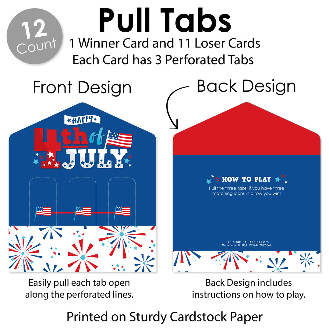 Firecracker 4th of July - Red, White and Royal Blue Party Game Pickle Cards - Pull Tabs 3-in-a-Row - Set of 12