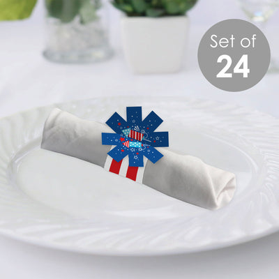 Firecracker 4th of July - Red, White and Royal Blue Party Paper Napkin Holder - Napkin Rings - Set of 24