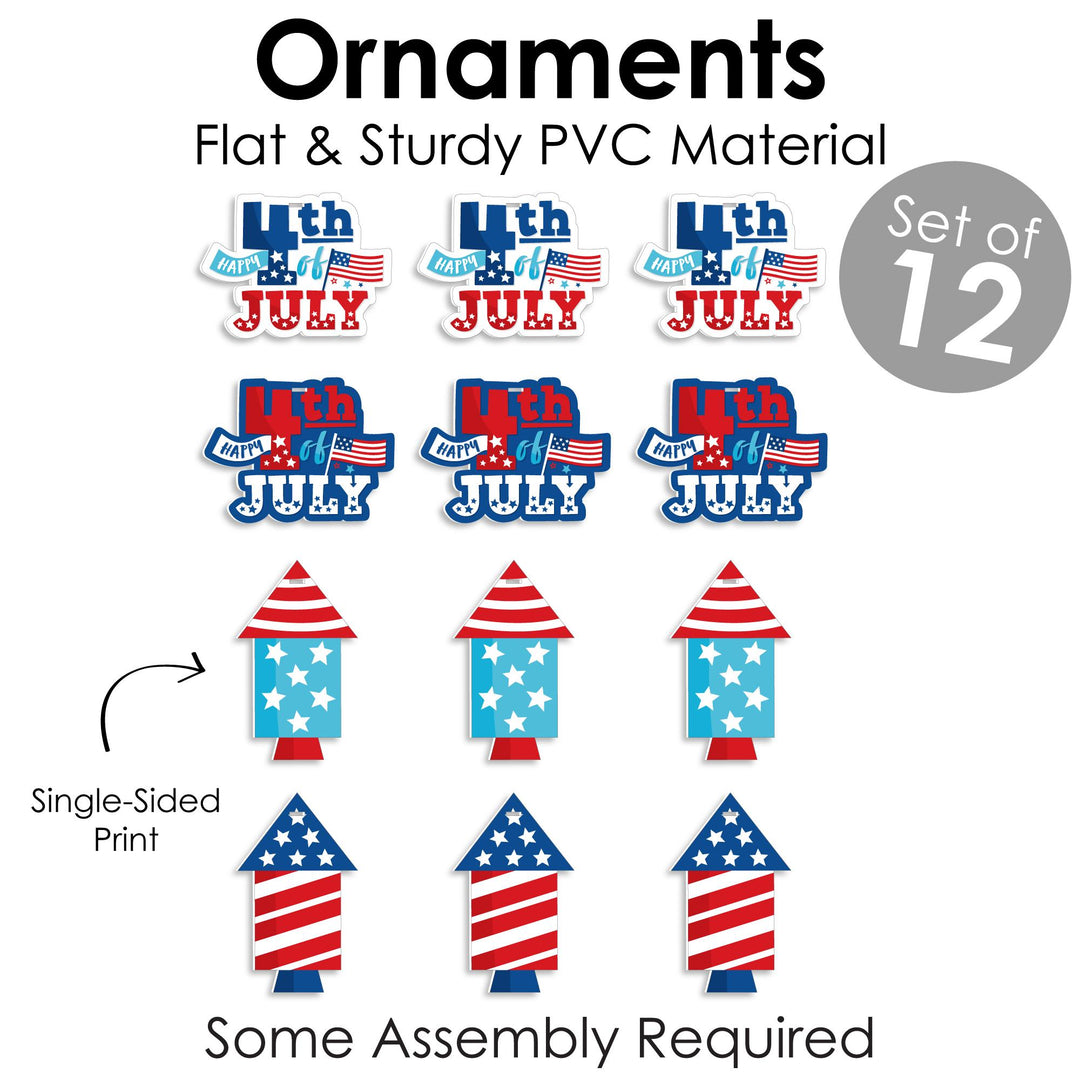 Firecracker 4th of July - Red, White and Royal Blue Decorations - Tree Ornaments - Set of 12