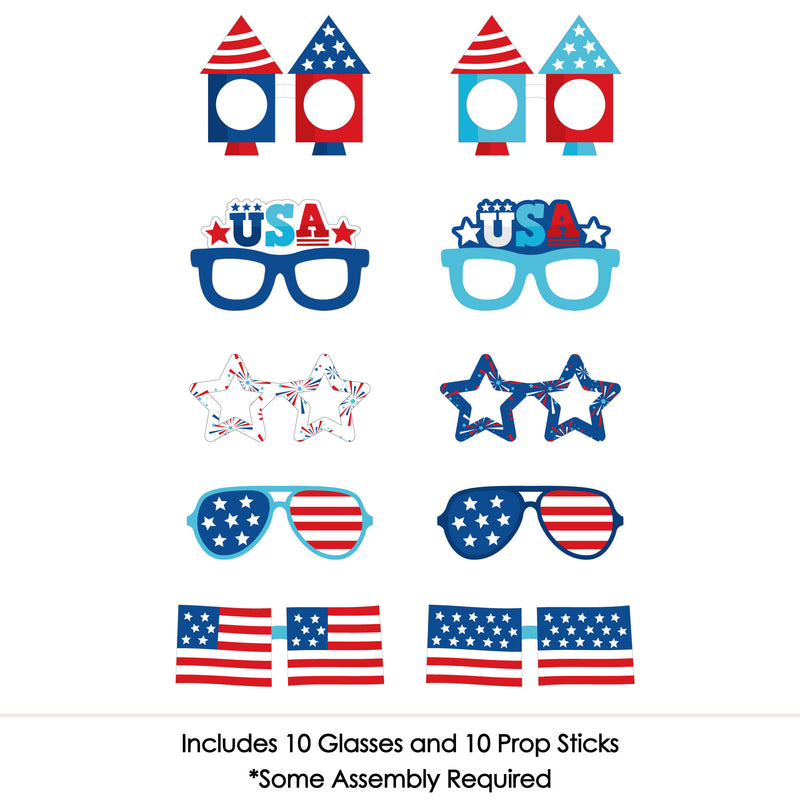 Firecracker 4th of July Glasses - Paper Card Stock Red, White and Royal Blue Party Photo Booth Props Kit - 10 Count