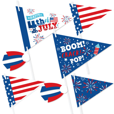 Firecracker 4th of July - Triangle Red, White and Royal Blue Party Photo Props - Pennant Flag Centerpieces - Set of 20
