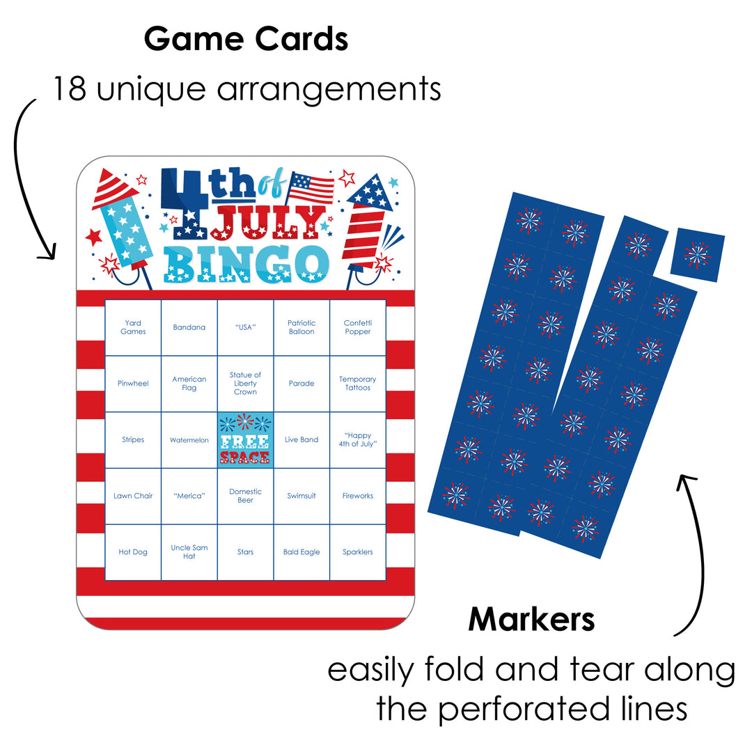 Firecracker 4th of July - Bar Bingo Cards and Markers - Red, White and Royal Blue Party Shaped Bingo Game - Set of 18