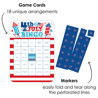 Firecracker 4th of July - Bar Bingo Cards and Markers - Red, White and Royal Blue Party Shaped Bingo Game - Set of 18
