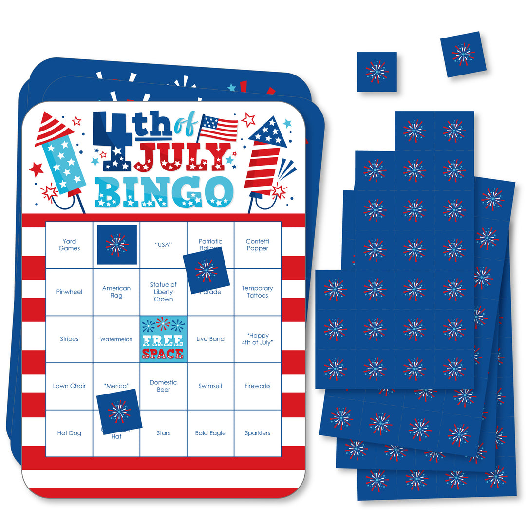 A set of rectangular bingo cards with a 4th of July theme, accompanied by perforated marker sheets and a call sheet, all displayed on a white background.