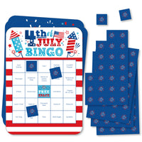 A set of rectangular bingo cards with a 4th of July theme, accompanied by perforated marker sheets and a call sheet, all displayed on a white background.