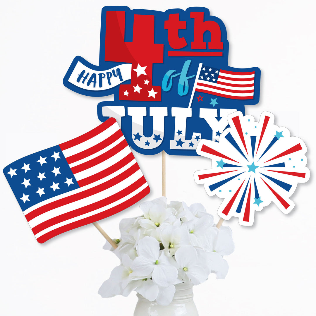 Firecracker 4th of July - Red, White and Royal Blue Party Centerpiece Sticks - Table Toppers - Set of 15