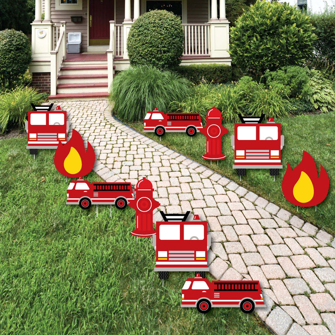 Fired Up Fire Truck - Lawn Decorations - Outdoor Firefighter Firetruck Baby Shower or Birthday Party Yard Decorations - 10 Piece