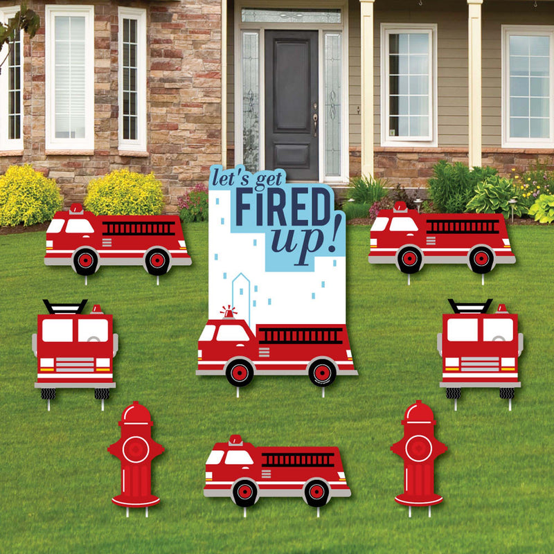 Fired Up Fire Truck - Yard Sign and Outdoor Lawn Decorations - Firefighter Firetruck Baby Shower or Birthday Party Yard Signs - Set of 8