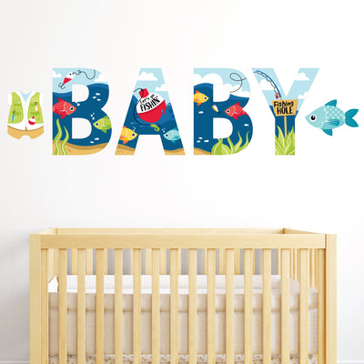 Let’s Go Fishing - Peel and Stick Fish Themed Baby Shower Standard Banner Wall Decals - Baby
