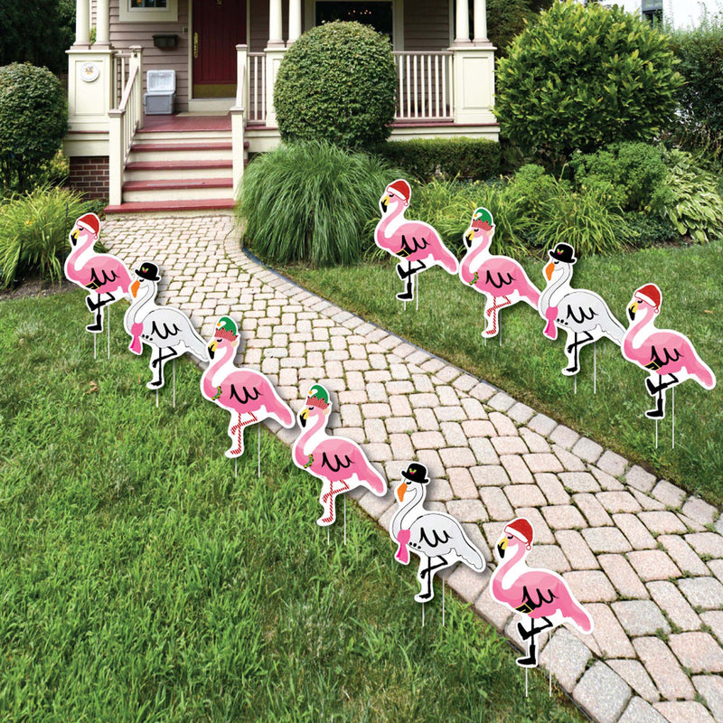 Flamingle Bells - Pink Flamingo Lawn Decorations - Outdoor Tropical Flamingo Christmas Yard Decorations - 10 Piece