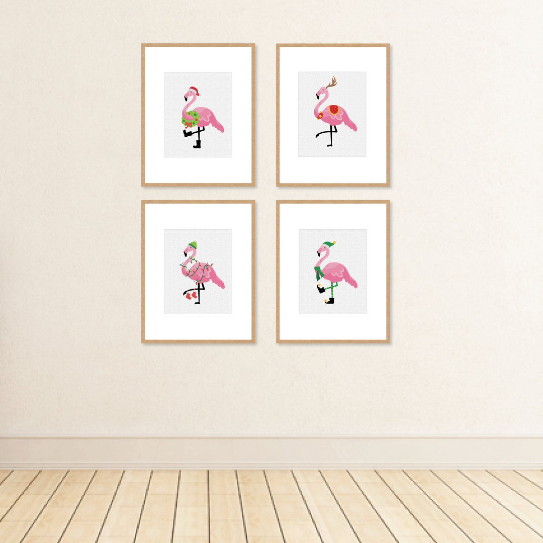 Flamingle Bells - Unframed Tropical Christmas Linen Paper Wall Art - Set of 4 - Artisms - 8 x 10 inches