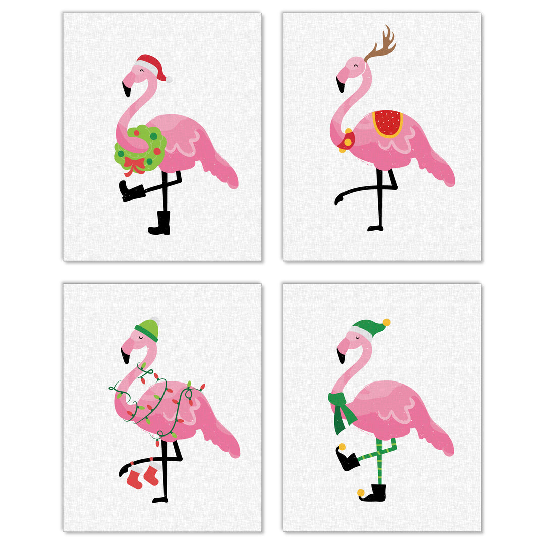 Flamingle Bells - Unframed Tropical Christmas Linen Paper Wall Art - Set of 4 - Artisms - 8 x 10 inches