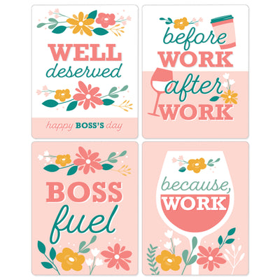 Female Best Boss Ever - Women Boss's Day Decorations for Women - Wine Bottle Label Stickers - Set of 4
