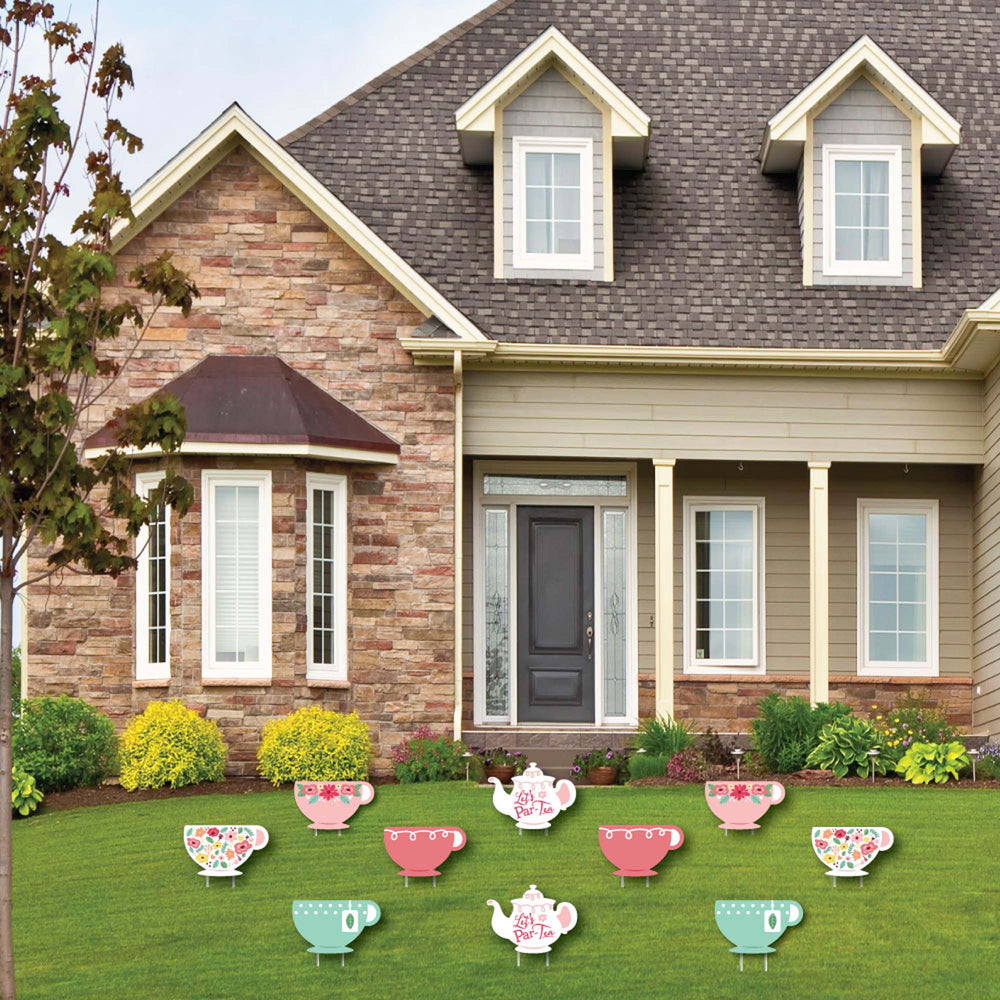 Floral Let's Par-Tea - Lawn Decorations - Outdoor Garden Tea Party Yard Decorations - 10 Piece