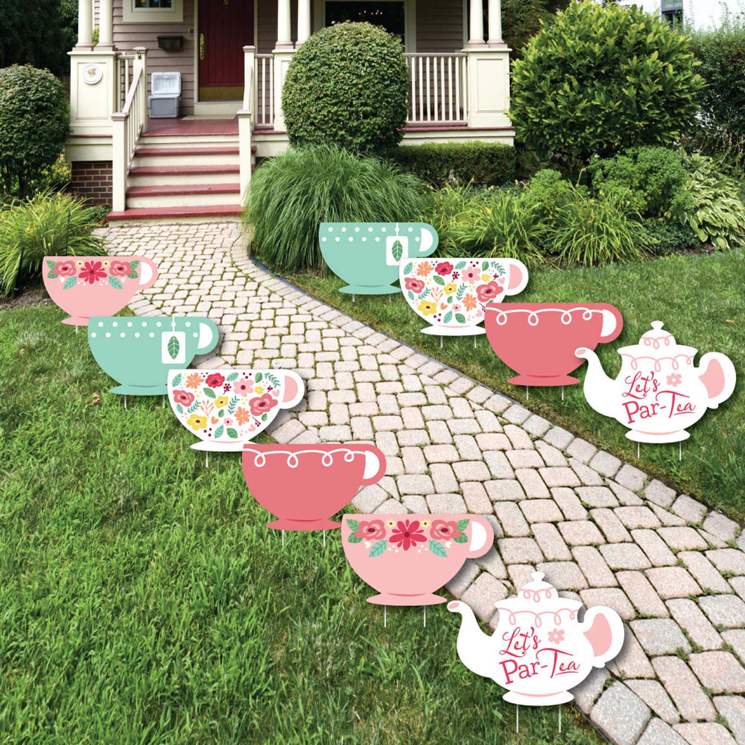 Floral Let's Par-Tea - Lawn Decorations - Outdoor Garden Tea Party Yard Decorations - 10 Piece