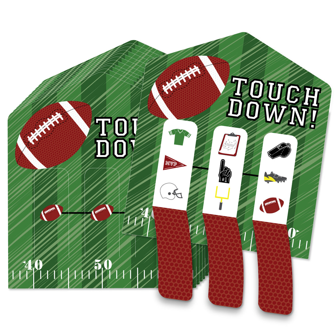 Football-themed pull tabs game cards with 3-in-a-row tabs visible on a green background with football and field graphics.