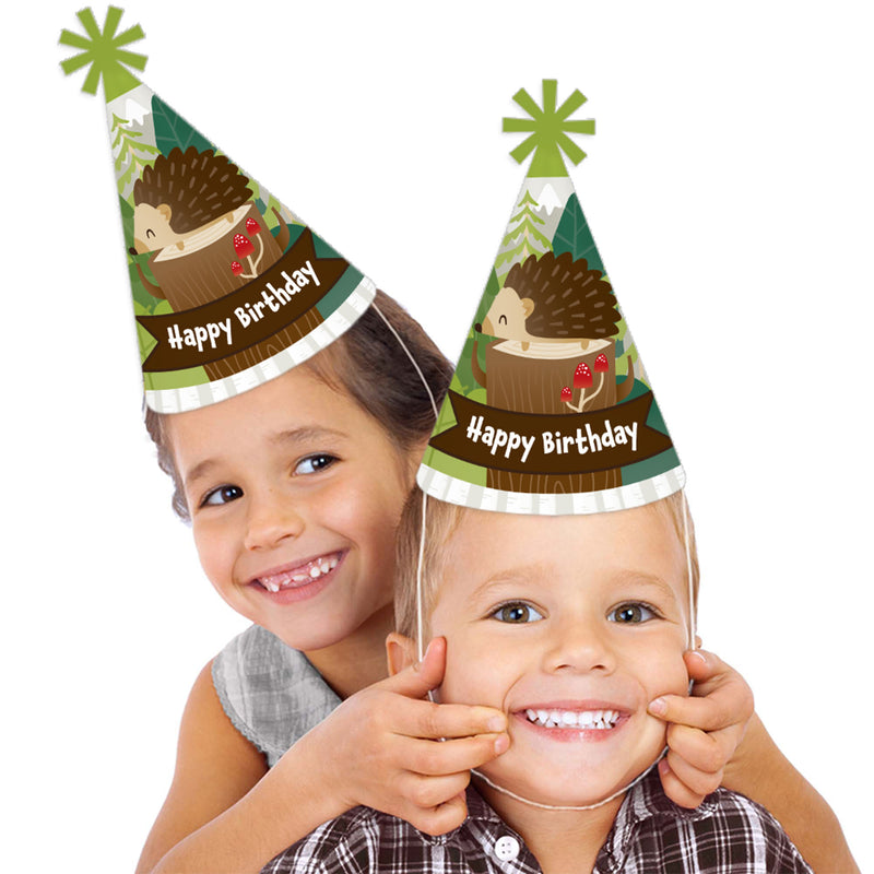 Forest Hedgehogs - Cone Happy Birthday Party Hats for Kids and Adults - Set of 8 (Standard Size)