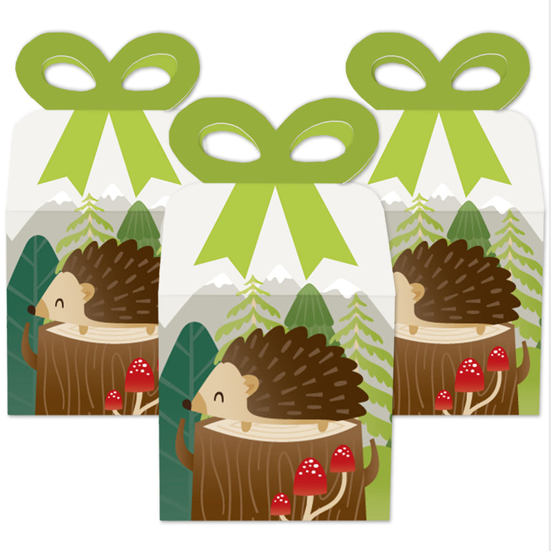 Forest Hedgehogs - Square Favor Gift Boxes - Woodland Birthday Party or Baby Shower Bow Boxes - Set of 12