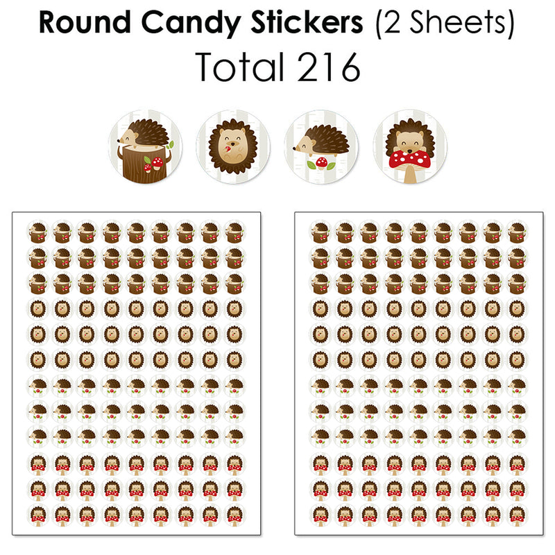 Forest Hedgehogs - Mini Candy Bar Wrappers, Round Candy Stickers and Circle Stickers - Woodland Birthday Party or Baby Shower Candy Favor Sticker Kit - 304 Pieces