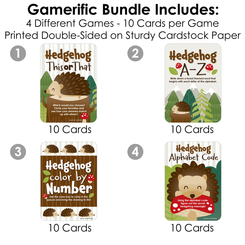 Forest Hedgehogs - 4 Woodland Birthday Party Games - 10 Cards Each - Gamerific Bundle