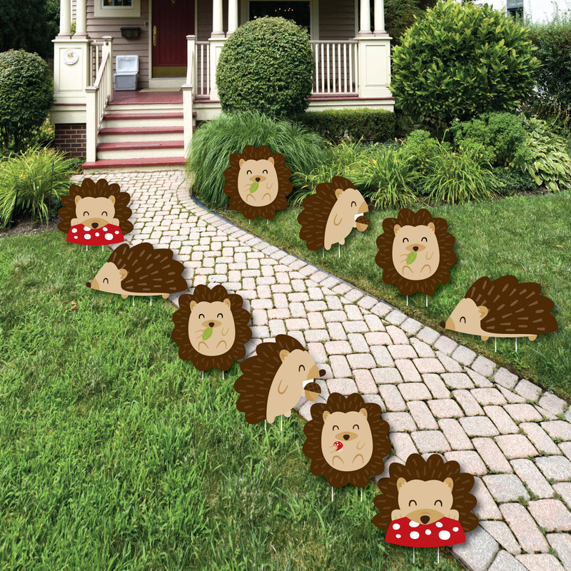 Forest Hedgehogs - Lawn Decorations - Outdoor Woodland Birthday Party or Baby Shower Yard Decorations - 10 Piece