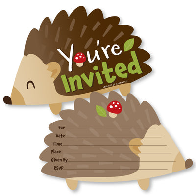 Forest Hedgehogs - Shaped Fill-In Invitations - Woodland Birthday Party or Baby Shower Invitation Cards with Envelopes - Set of 12