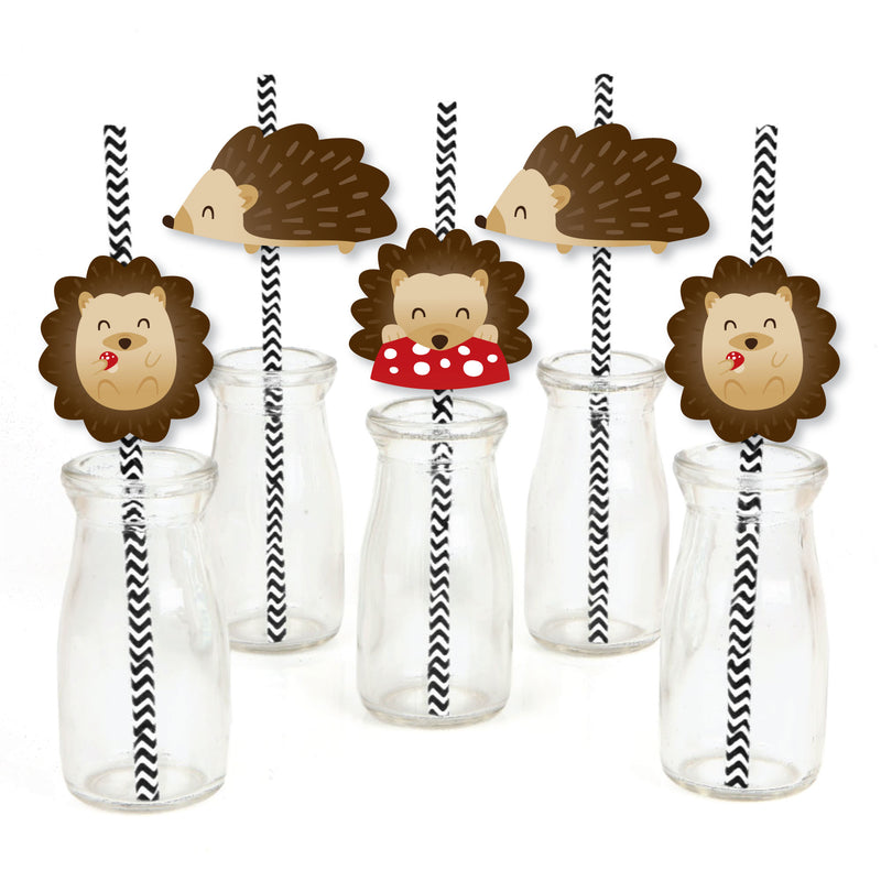 Forest Hedgehogs - Paper Straw Decor - Woodland Birthday Party or Baby Shower Striped Decorative Straws - Set of 24