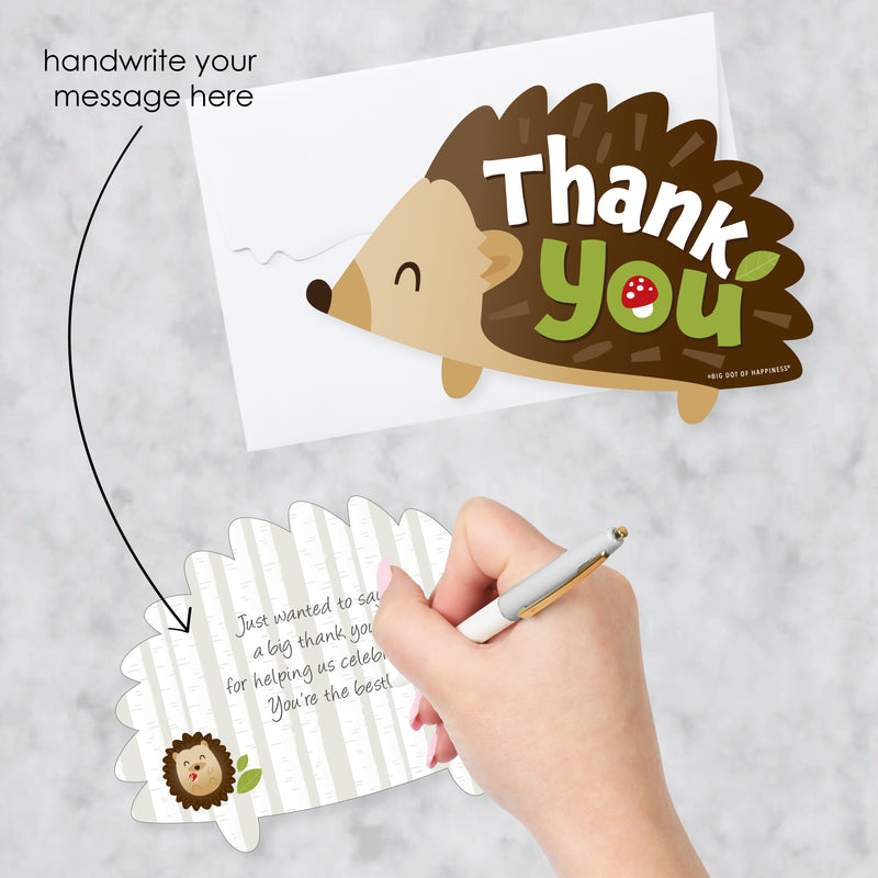 Forest Hedgehogs - Shaped Thank You Cards - Woodland Birthday Party or Baby Shower Thank You Note Cards with Envelopes - Set of 12