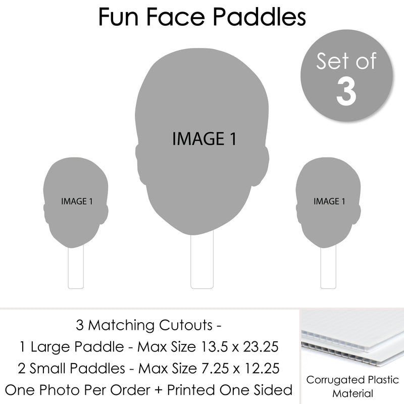 Fun Face Combo - Custom Photo Big Head Cut Out Photo Booth and Fan Props Kit - Upload 1 Photo - Set of 3