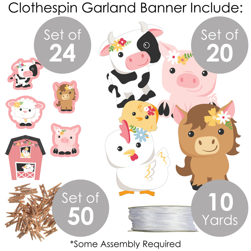 Girl Farm Animals - Pink Barnyard Baby Shower or Birthday Party DIY Decorations - Clothespin Garland Banner - 44 Pieces