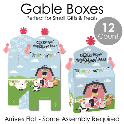 Girl Farm Animals - Treat Box Party Favors - Pink Barnyard Baby Shower or Birthday Party Goodie Gable Boxes - Set of 12