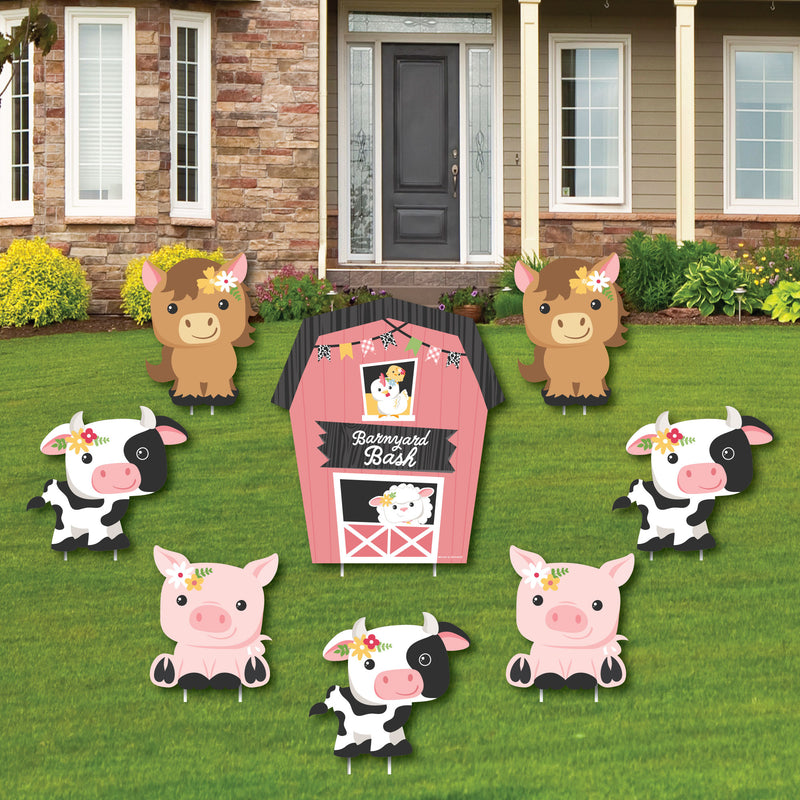Girl Farm Animals - Yard Sign and Outdoor Lawn Decorations - Pink Barnyard Baby Shower or Birthday Party Yard Signs - Set of 8