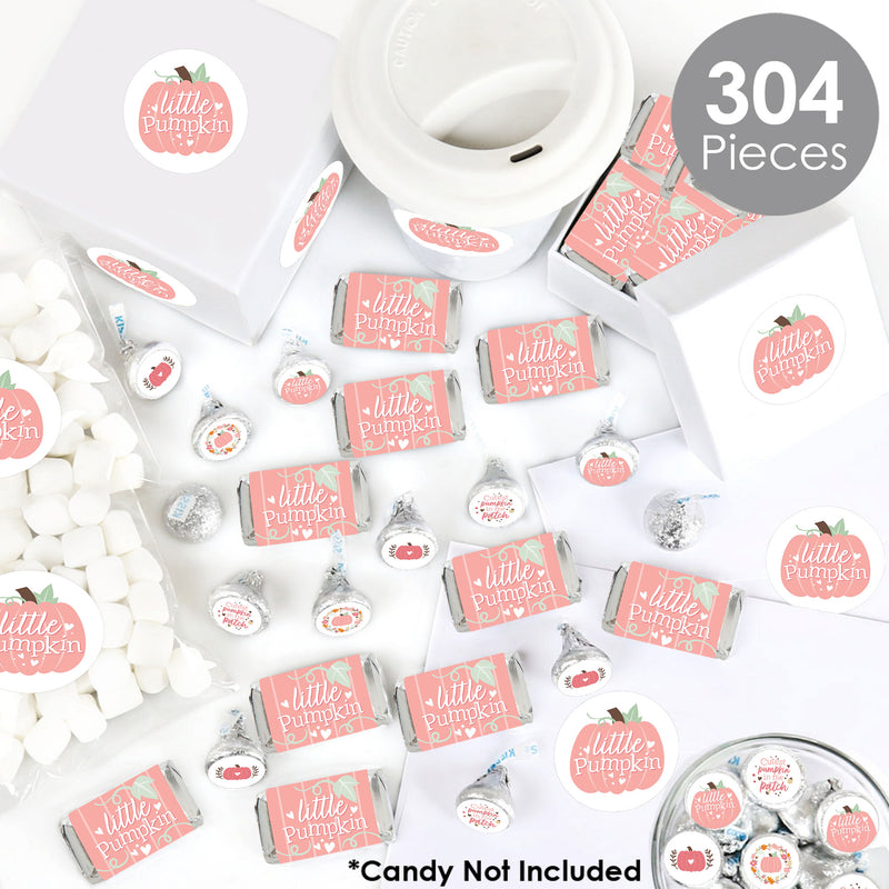 Girl Little Pumpkin - Mini Candy Bar Wrappers, Round Candy Stickers and Circle Stickers - Fall Birthday Party or Baby Shower Candy Favor Sticker Kit - 304 Pieces