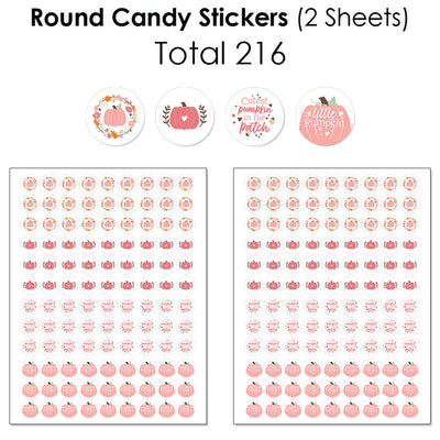 Girl Little Pumpkin - Mini Candy Bar Wrappers, Round Candy Stickers and Circle Stickers - Fall Birthday Party or Baby Shower Candy Favor Sticker Kit - 304 Pieces