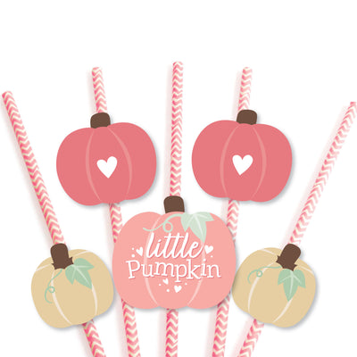 Girl Little Pumpkin - Paper Straw Decor - Fall Birthday Party or Baby Shower Striped Decorative Straws - Set of 24