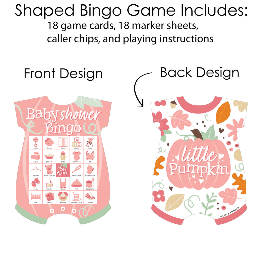 Girl Little Pumpkin - Picture Bingo Cards and Markers - Fall Baby Shower Shaped Bingo Game - Set of 18
