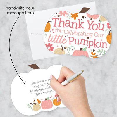 Girl Little Pumpkin - Shaped Thank You Cards - Fall Birthday Party or Baby Shower Thank You Note Cards with Envelopes - Set of 12