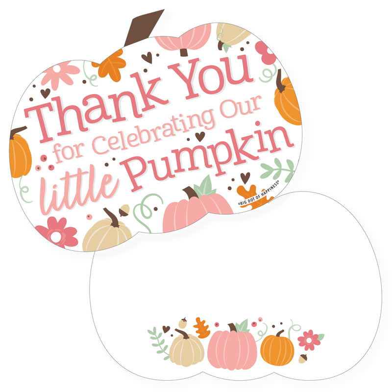 Girl Little Pumpkin - Shaped Thank You Cards - Fall Birthday Party or Baby Shower Thank You Note Cards with Envelopes - Set of 12