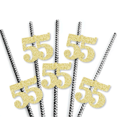 Gold Glitter 55 Party Straws - No-Mess Real Gold Glitter Cut-Out Numbers & Decorative 55th Birthday Party Paper Straws - Set of 24