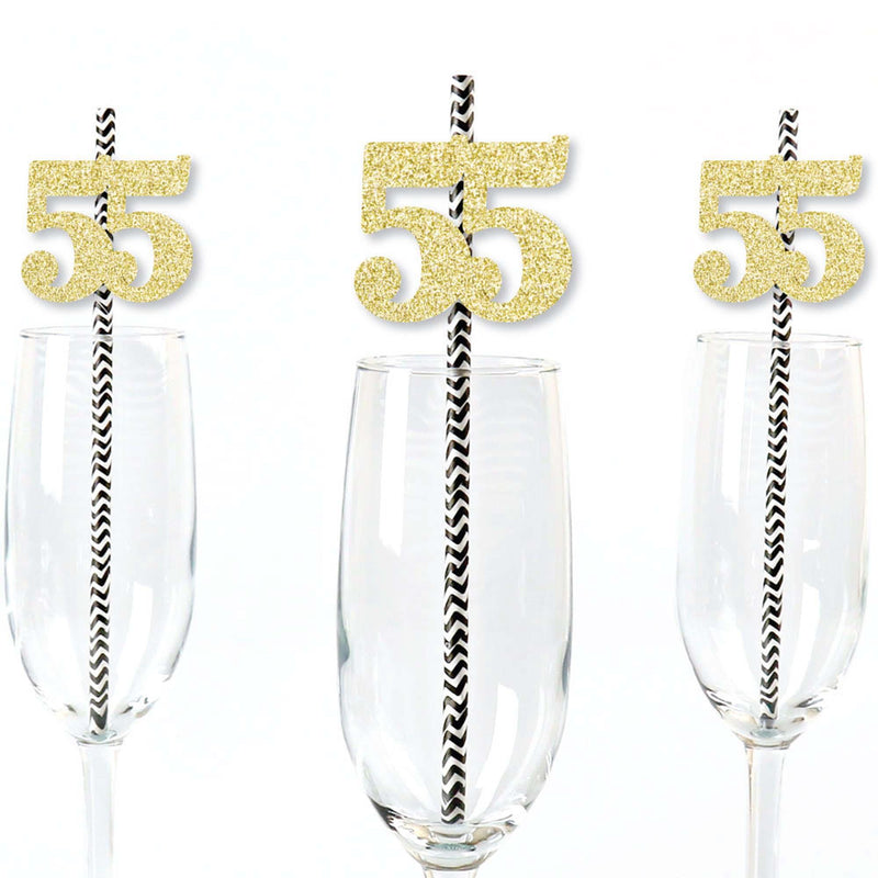 Gold Glitter 55 Party Straws - No-Mess Real Gold Glitter Cut-Out Numbers & Decorative 55th Birthday Party Paper Straws - Set of 24