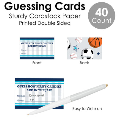 Go, Fight, Win - Sports - How Many Candies Baby Shower or Birthday Party Game - 1 Stand and 40 Cards - Candy Guessing Game
