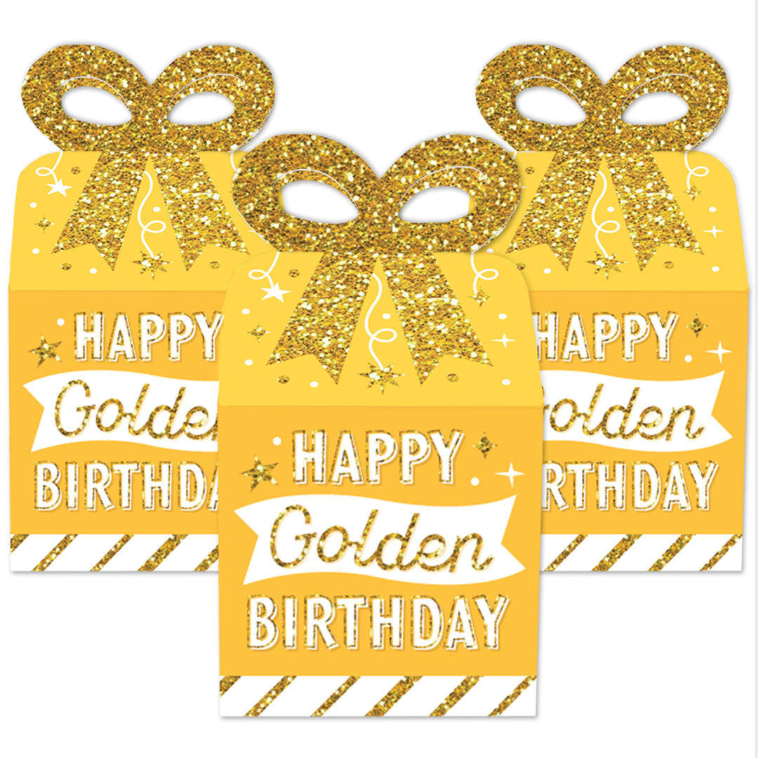 Golden Birthday - Square Favor Gift Boxes - Happy Birthday Party Bow Boxes - Set of 12