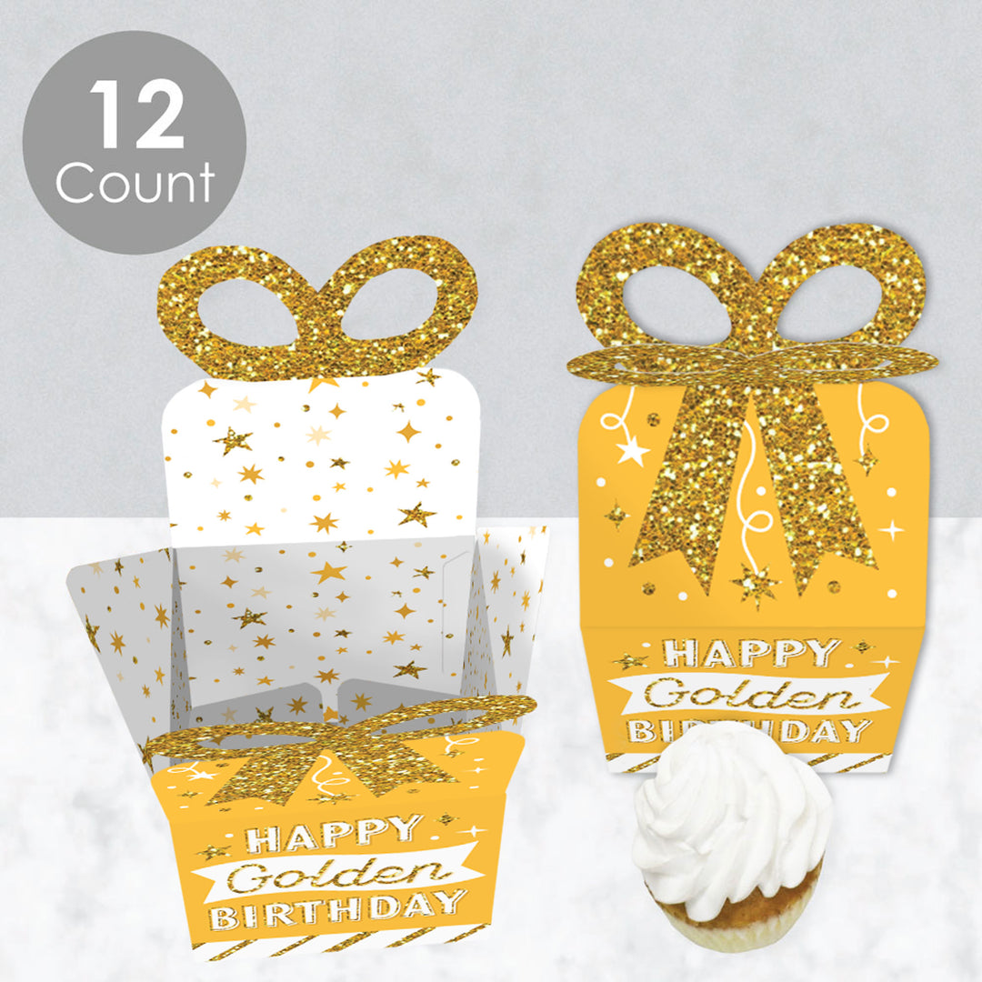 Golden Birthday - Square Favor Gift Boxes - Happy Birthday Party Bow Boxes - Set of 12