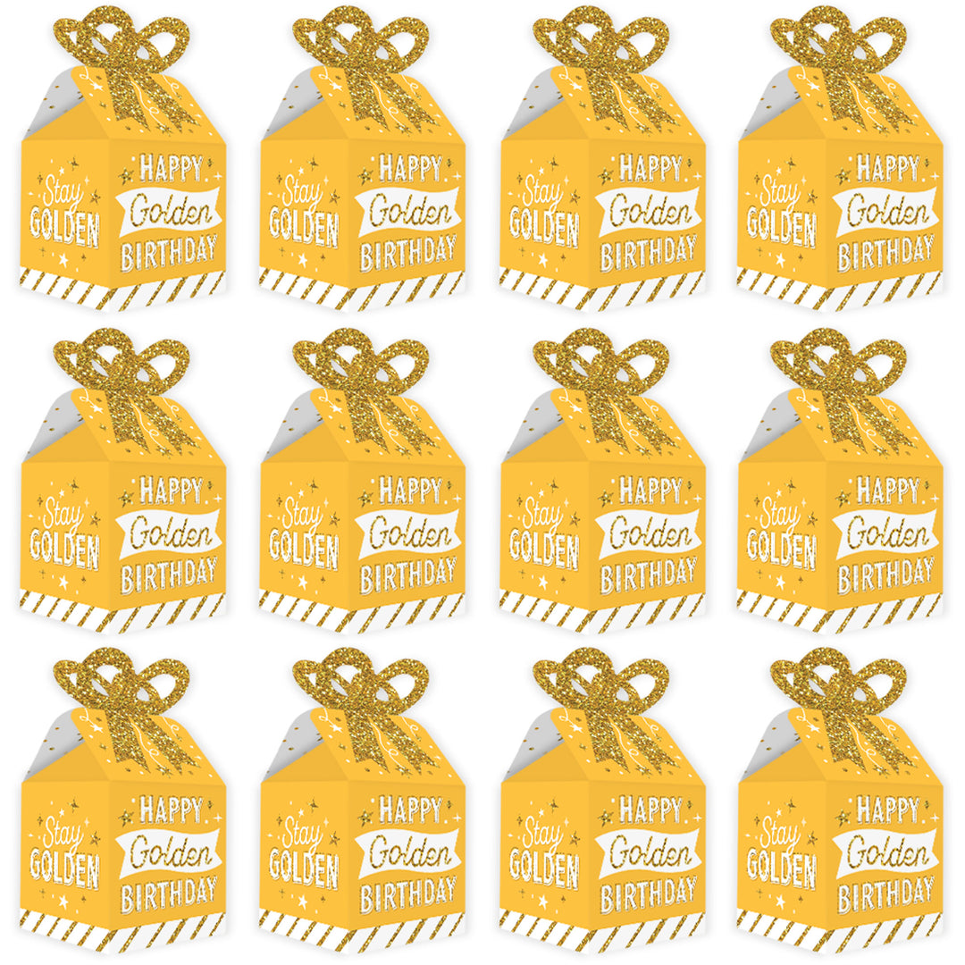 Golden Birthday - Square Favor Gift Boxes - Happy Birthday Party Bow Boxes - Set of 12