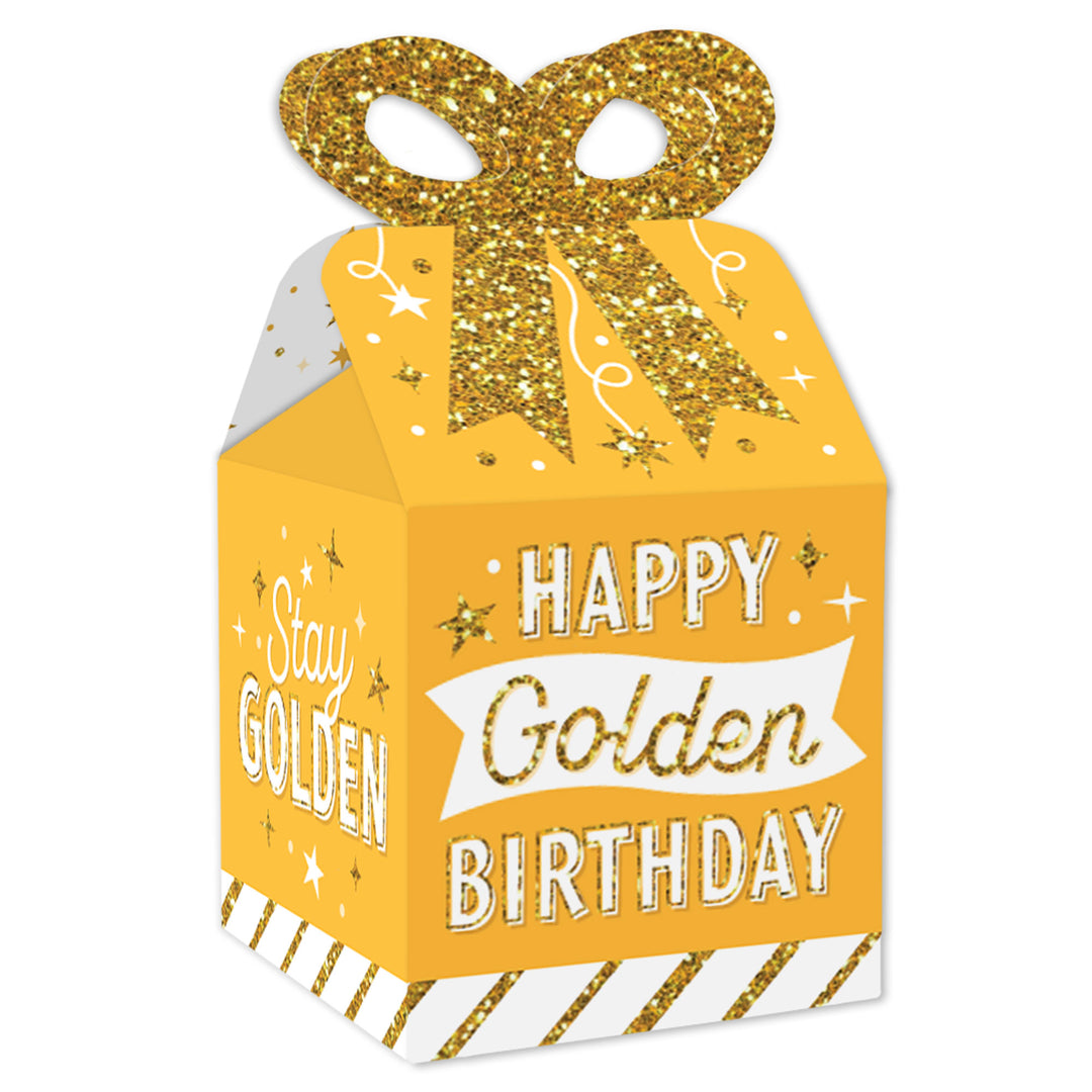 A golden birthday-themed square favor gift box with a bow and the text 'Happy Golden Birthday' printed on it.