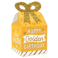 A golden birthday-themed square favor gift box with a bow and the text 'Happy Golden Birthday' printed on it.