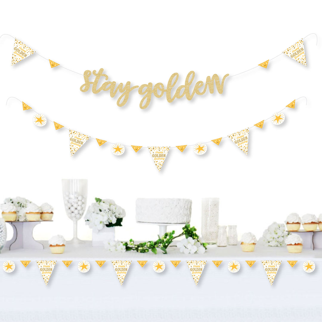Golden Birthday - Happy Birthday Party Letter Banner Decoration - 36 Banner Cutouts and No-Mess Real Gold Glitter Stay Golden Banner Letters
