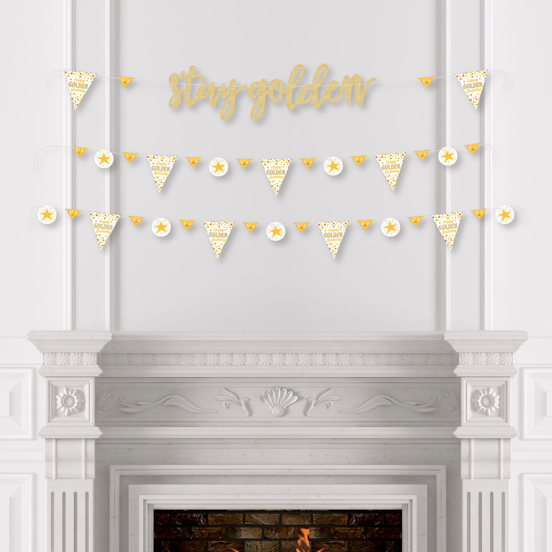Golden Birthday - Happy Birthday Party Letter Banner Decoration - 36 Banner Cutouts and No-Mess Real Gold Glitter Stay Golden Banner Letters