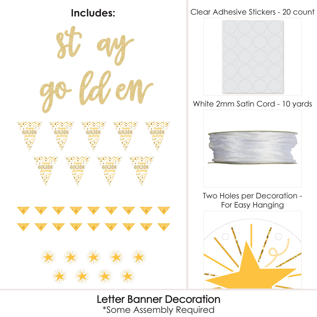 Golden Birthday - Happy Birthday Party Letter Banner Decoration - 36 Banner Cutouts and No-Mess Real Gold Glitter Stay Golden Banner Letters